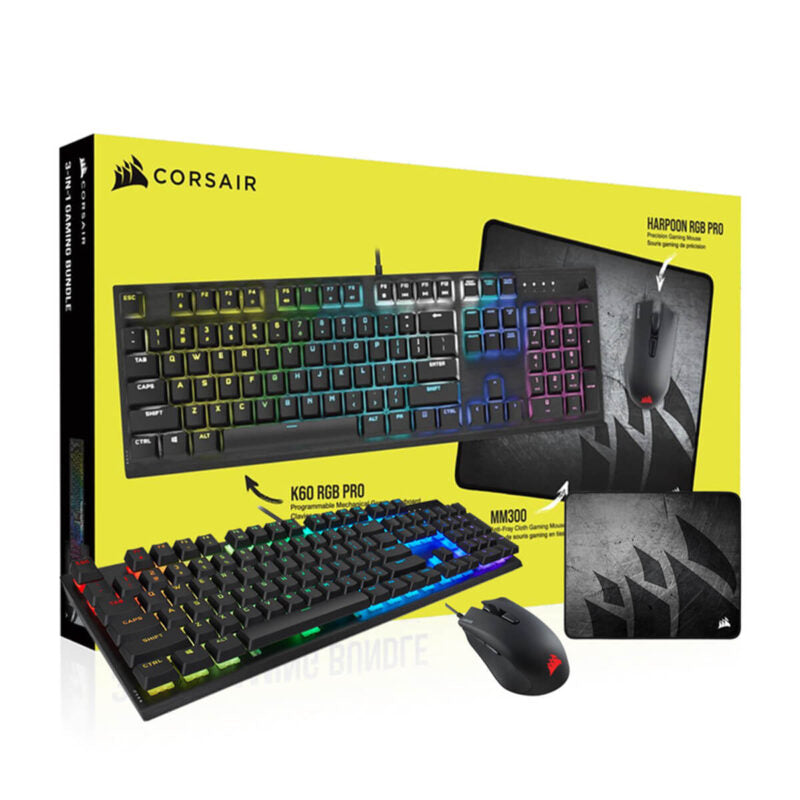 CORSAIR 3 in 1 Gaming Bundle 2021 Edition : K60 RGB PRO Keyboard + M55 RGB PRO Mouse + MM300 Mouse Pad